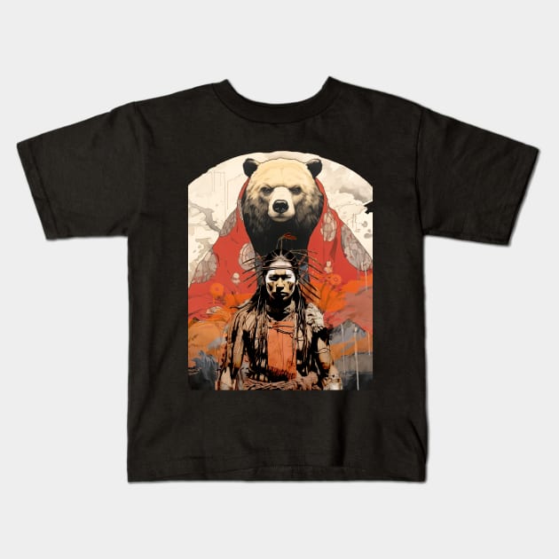 National Native American Heritage Month: The Bear Spirit Animal on a Dark Background Kids T-Shirt by Puff Sumo